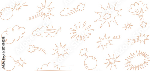 Light brown outline cartoon explosion and bomb icons isolated on a plain white background.