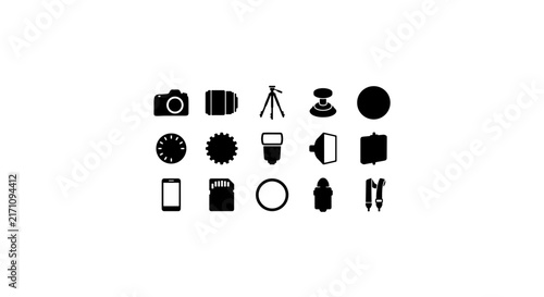 Photography Icons Set, Camera Gear Vector Graphics, Digital Imaging Symbols, Professional Equipment Collection