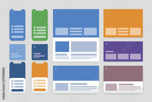 Graphical user interface mockups show various screen layouts for mobile phone apps and desktop web browser dashboards.
