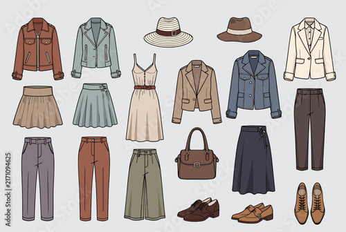 Diverse collection of women fashion items including jackets, skirts, trousers, dresses, handbags, and shoes in coordinated neutral colors.