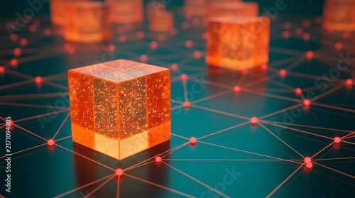 Red nodes connect structures in this technology data flow and energy transmission concept.