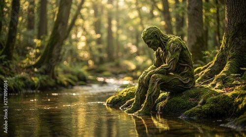 Peaceful nature scene featuring a mossy creature sitting beside a calm river in a sunlit forest.