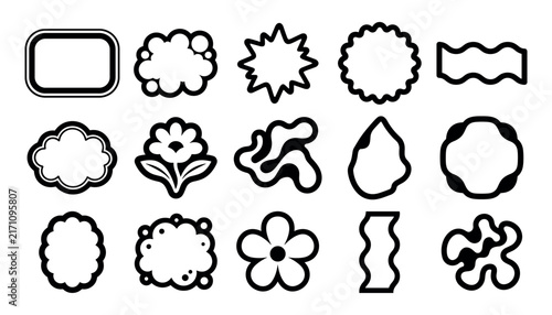 Set of abstract retro groovy vector shapes, stickers, frames and badges in outline style