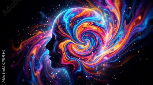 Abstract art of a human silhouette featuring dynamic energy and colorful thought patterns.