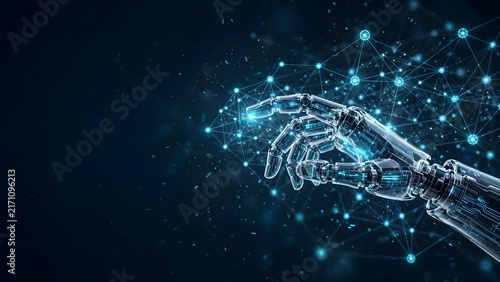 Robotic hand touching a glowing digital network
