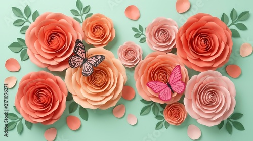 Delicate handmade floral arrangement featuring blush roses, butterflies, and green leaves.