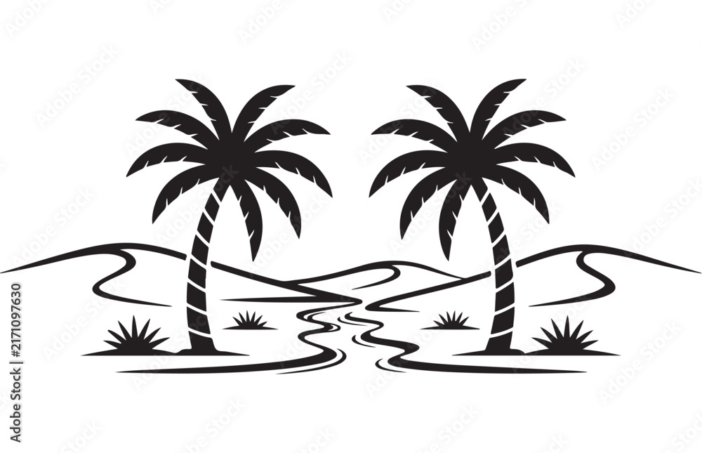 Fototapeta premium Black palm tree silhouette scene with distant hills and river creates peaceful tropical setting.