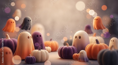 Background for Halloween featuring cute ghosts and pumpkins in a soft bokeh style. This graphic is intended for spooky holiday promotions and seasonal social media posts.