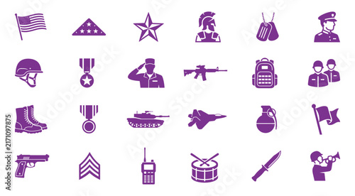 Set of purple military and army themed icons representing soldiers weapons equipment and patriotic symbols for design projects