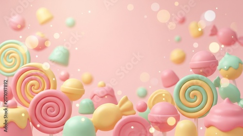 Background for National Dessert Day with colorful candies lollipops and sweets in soft pastel tones. This vibrant composition is used for pastry shop marketing or food blog banners.