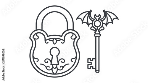 Bild auf Leinwand Antique Lock and Key with Bat Motif: A vintage padlock, ornate and detailed, stands beside a unique key featuring a charming bat design, evoking a sense of mystery and antique charm