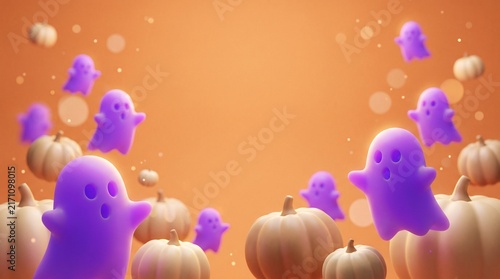 Halloween background with purple glowing ghosts and orange pumpkins on a warm gradient. This graphic design is used for holiday banners and seasonal greeting materials.
