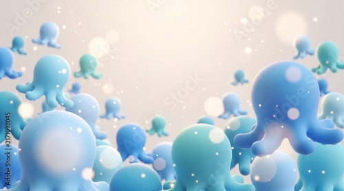 Octopus background with light blue marine characters and glowing particles in a soft environment. This artwork is for nursery decor or children's educational content about sea life.