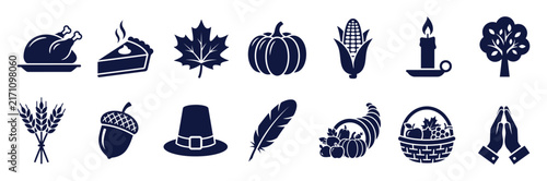 Set of flat dark blue icons representing traditional thanksgiving holiday symbols and autumn seasonal harvest elements