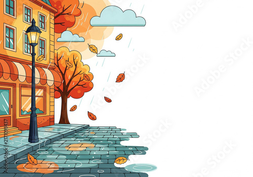 A city street with wet cobblestones after the rain, autumn trees with orange foliage, and a vintage street lamp. Illustration with copy space.