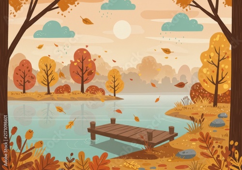 Foggy morning on a lake surrounded by trees with a wooden pier and vibrant autumn foliage reflected in the water. This peaceful landscape is used for nature travel and autumn mood boards.