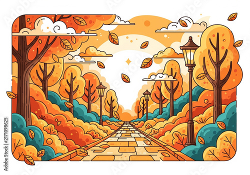 Golden alley in park with falling leaves under a soft autumn sun with classic street lamps. This scenic graphic is used for seasonal park promotions and autumn nature backgrounds.