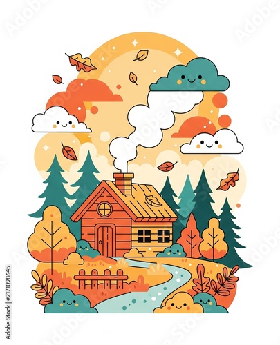 Cozy little house in the forest, with smoke rising above it surrounded by autumn trees and falling leaves. This illustration is used for cozy home, mountain getaway, or rural autumn themes.