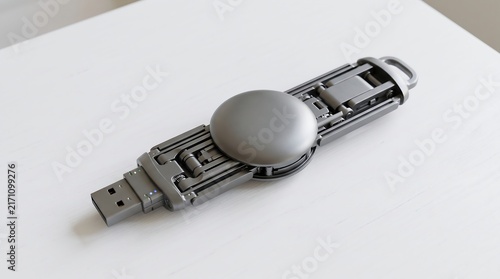 Futuristic metallic usb flash drive with complex mechanical components resting on clean smooth white table surface