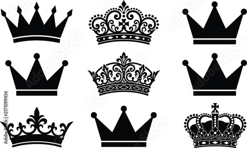 фотографія Majestic royal crown black silhouette vector icons collection with simple sharp