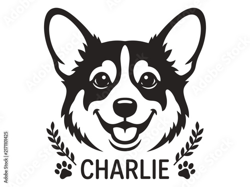 Smiling corgi Charlie portrait with laurel accents