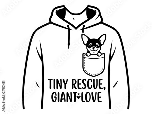 Tiny rescue chihuahua in hoodie pocket graphic
