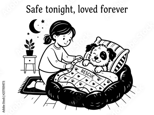 Woman comforting rescue dog safe tonight message