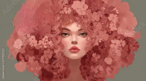 Beautiful Portrait of a Woman with Floral Pink Hair Design Art