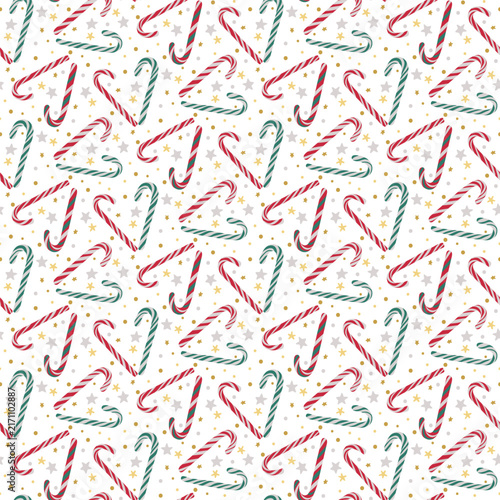 A playful vintage Christmas seamless pattern featuring red and evergreen candy canes scattered with golden dots, stars and tiny festive accents. Merry & Bright Christmas Collection.