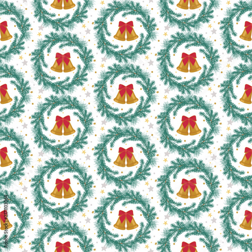 A classic vintage Christmas coordinate seamless pattern featuring evergreen wreaths decorated with golden bells and red bows, surrounded by tiny stars.  Merry & Bright Christmas Collection.