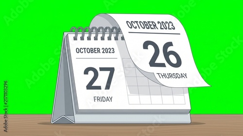 Desk calendar showing October twenty seventh on a wooden table with vibrant green screen background display
