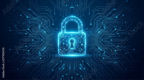 Glowing Digital Padlock Symbol on Blue Microchip Circuit Board Background