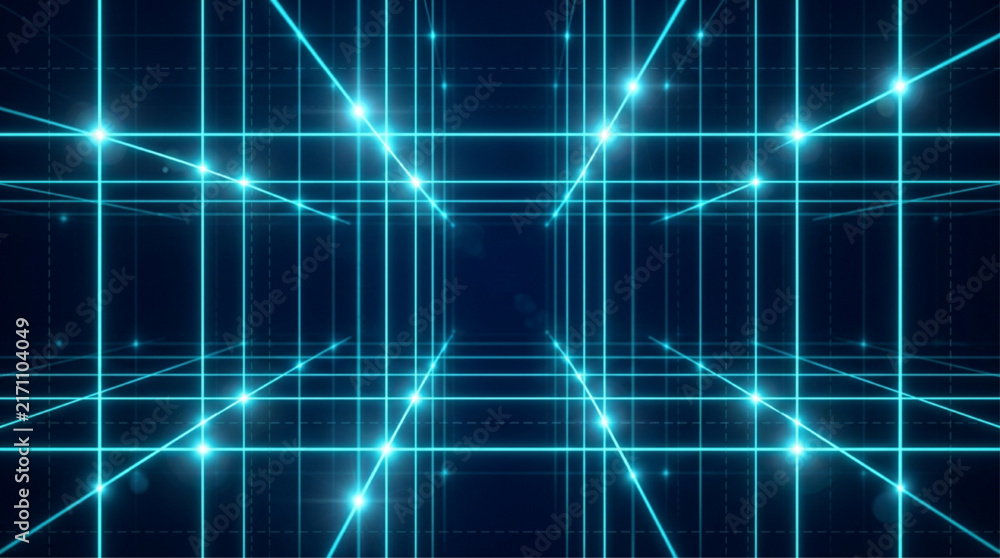 Fototapeta premium Three Dimensional Blue Glowing Grid Tunnel Perspective Background