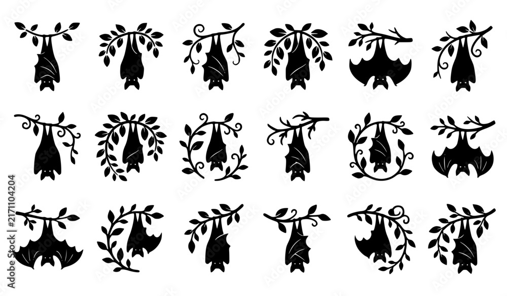 Obraz premium Hanging Bat Silhouette Vector Set, Halloween Black Bats on Tree Branches and Vines Icons Collection Isolated on White