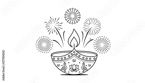 Traditional lit clay lamp diya outline with peacock and lotus patterns surrounded by exploding festive fireworks.