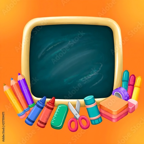 Chalkboard frame with school supplies on an orange background