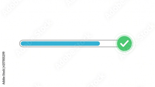 Blue loading bar indicator showing completed progress with a green circular check mark icon element