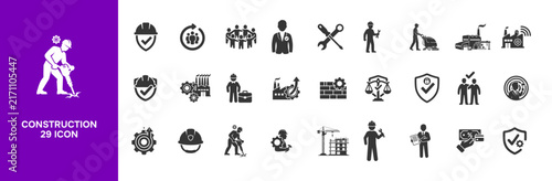 Construction icon set featuring twenty nine professional industrial builders tools and machinery symbols designed for engineering and safety concepts.