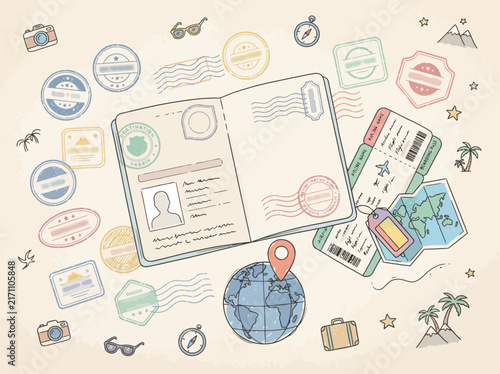 Passport with stamps, plane tickets, globe, and travel accessories on a vintage background