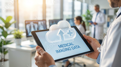 Medical imaging data cloud icon on a tablet held by a doctor in a hospital. 