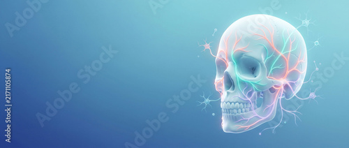 3d render of skull with nerve paths showing detailed neural connections in blue. This scientific visualization is used for International Day of Radiology to showcase neural imaging.