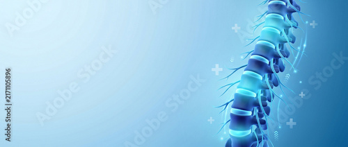 3d render of spinal cord in blue glowing neon light for orthopedics and neurology. This graphic highlights advanced diagnostic technology for International Day of Radiology.