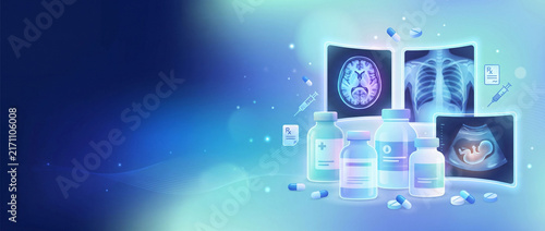 Abstract blue background with medicine bottles and scans showcasing pharmaceutical and diagnostic tools. This composition is used for pharmacy and radiology themes on November 8.