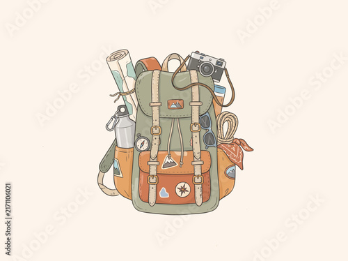 Adventure awaits illustrated backpack filled with travel essentials, ready for exploration and outdoor journeys