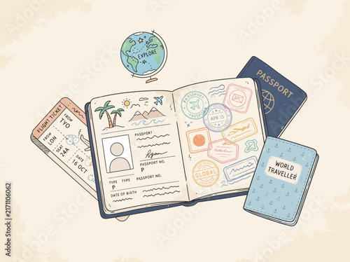 Vibrant illustration showcasing essential travel documents like an open passport filled with stamps, a boarding pass, and a globe, symbolizing global exploration and adventure