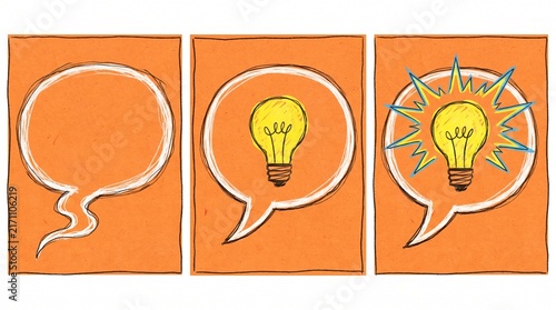 Hand drawn speech bubbles featuring yellow light bulbs representing creative thoughts and bright brilliant ideas