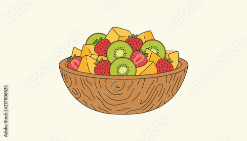 Delicious looking bowl of mixed fresh fruit salad with kiwi slices, strawberries, and mango chunks in a wooden bowl.