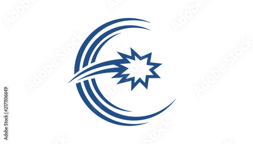 Modern blue graphic logo design with dynamic curved lines surrounding a shining starburst shape on a white background.