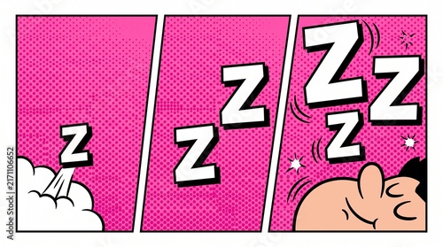 Sleeping man illustrated in a vintage comic book style with vibrant pink halftone dot background panels
