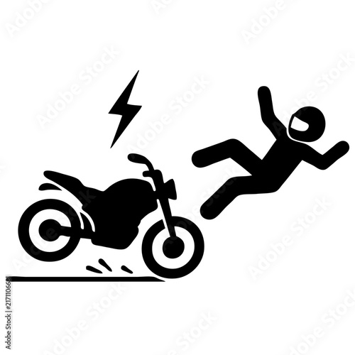 Motorcycle accident icon showing a rider falling off a bike with a lightning bolt symbol